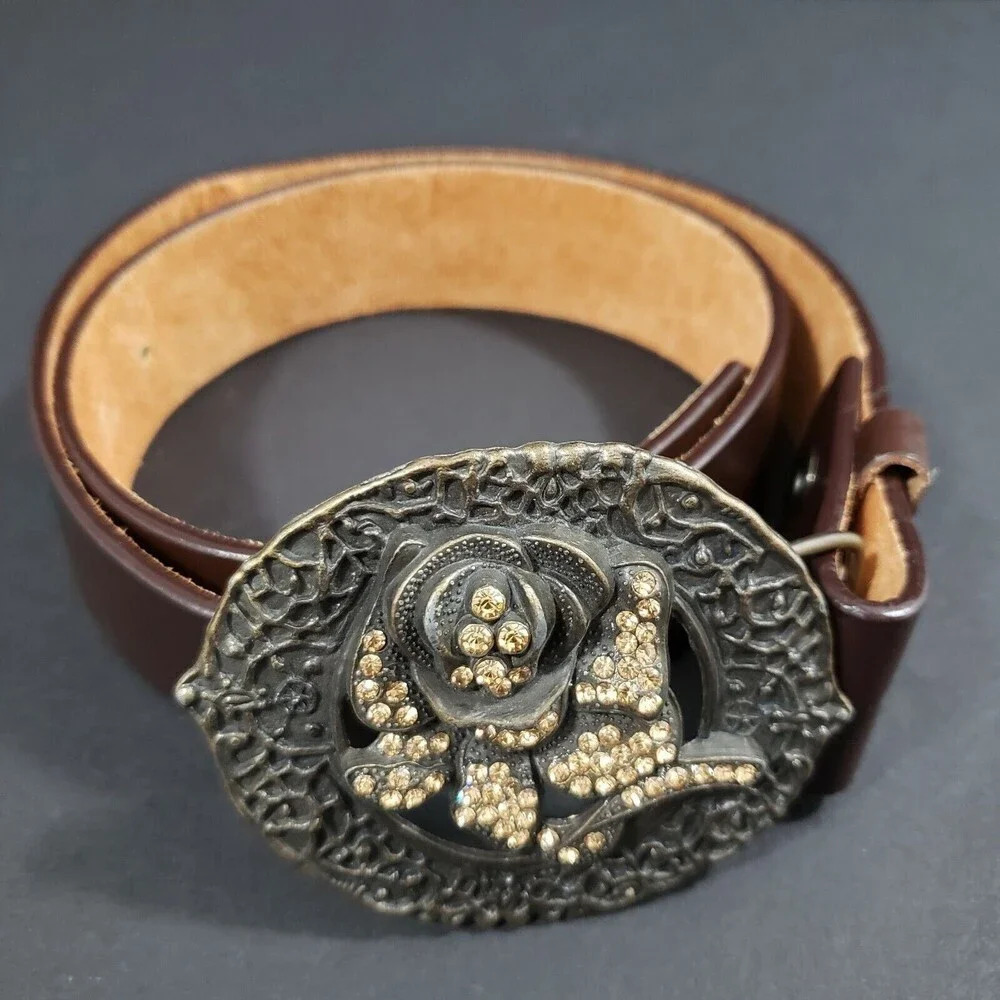 WOMEN'S Brown Leather Belt Rhinestone Rose Buckle Western Fashion 80cm 31 in
